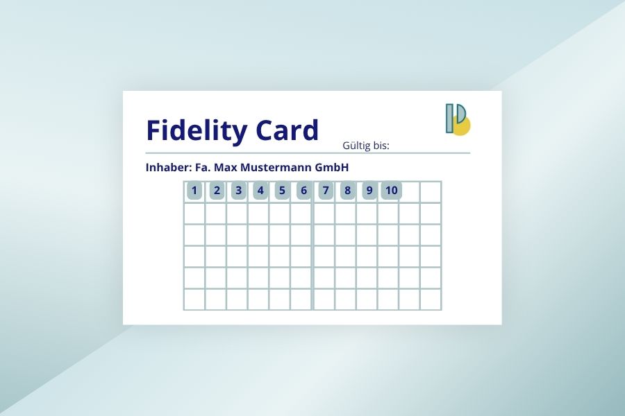 Fidelity Card mit einem Gitter für die Fidelity-Punkte. Weiß, Blau und Aquamarin mit dem Logo von Paola Barberis