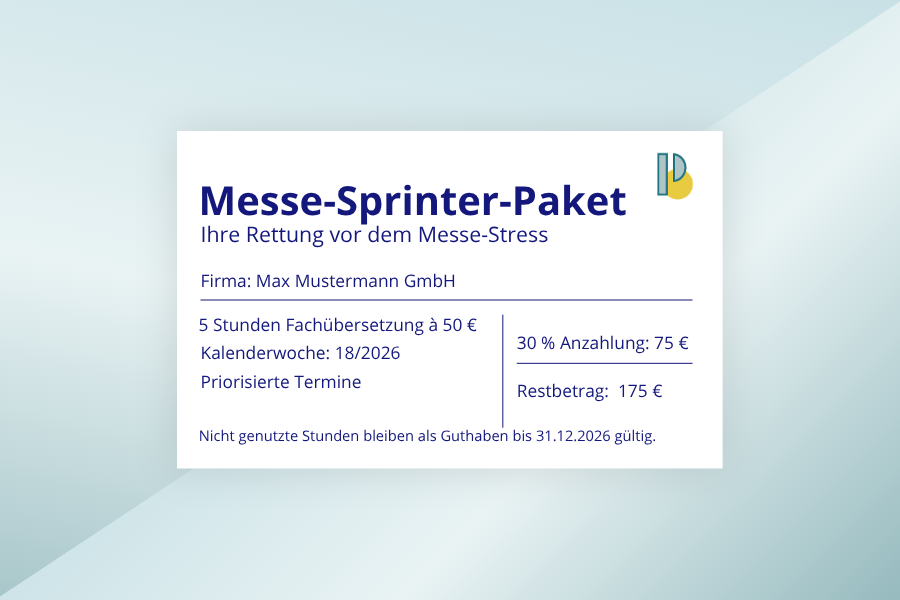 Grafische Darstellung des Messe-Sprinter-Pakets als Visitenkarte in den Farben Blau und Aquamarin mit dem Logo von Paola Barberis
