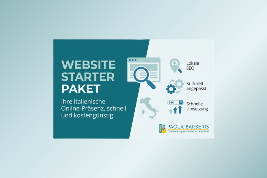 Grafische Darstellung des Website-Starter-Pakets als Visitenkarte in den Farben Teal und Aquamarin mit dem Logo von Paola Barberis