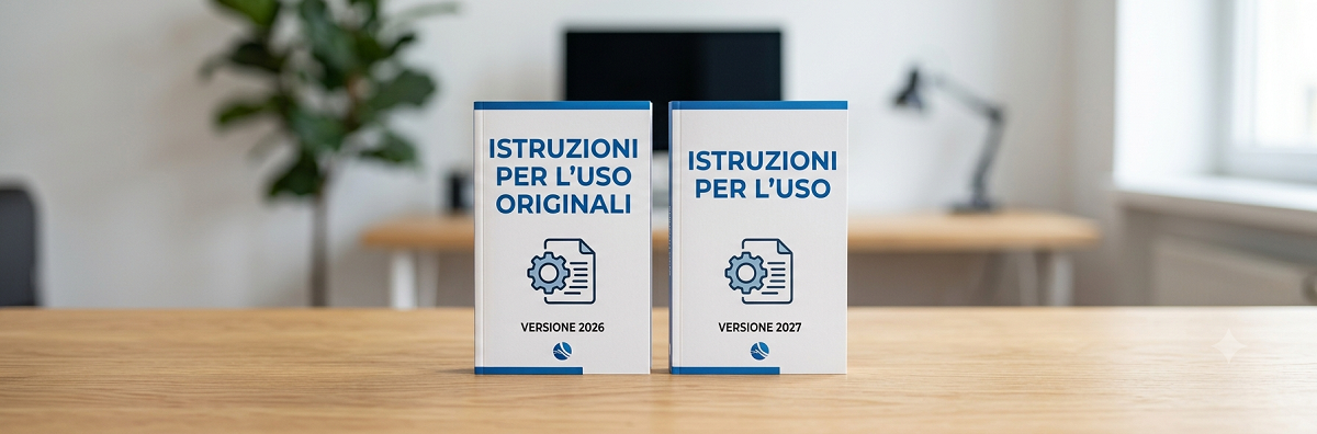 Due manuali su una scrivania: Istruzioni per l'uso originali 2026 a sinistra, Istruzioni per l'uso 2027 a destra